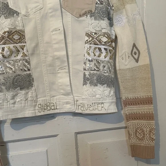 Desigual Women's Artistic Patchwork Jean Jacket - Cream and Gray - Picture 4 of 13